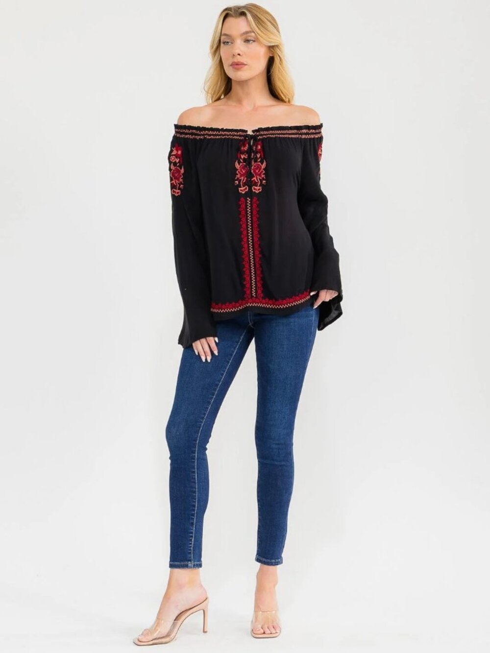B46 LONG BELL SLEEVE EMBROIDERY DETAILED TUNIC BLOUSE Black NEW - Picture 4 of 4